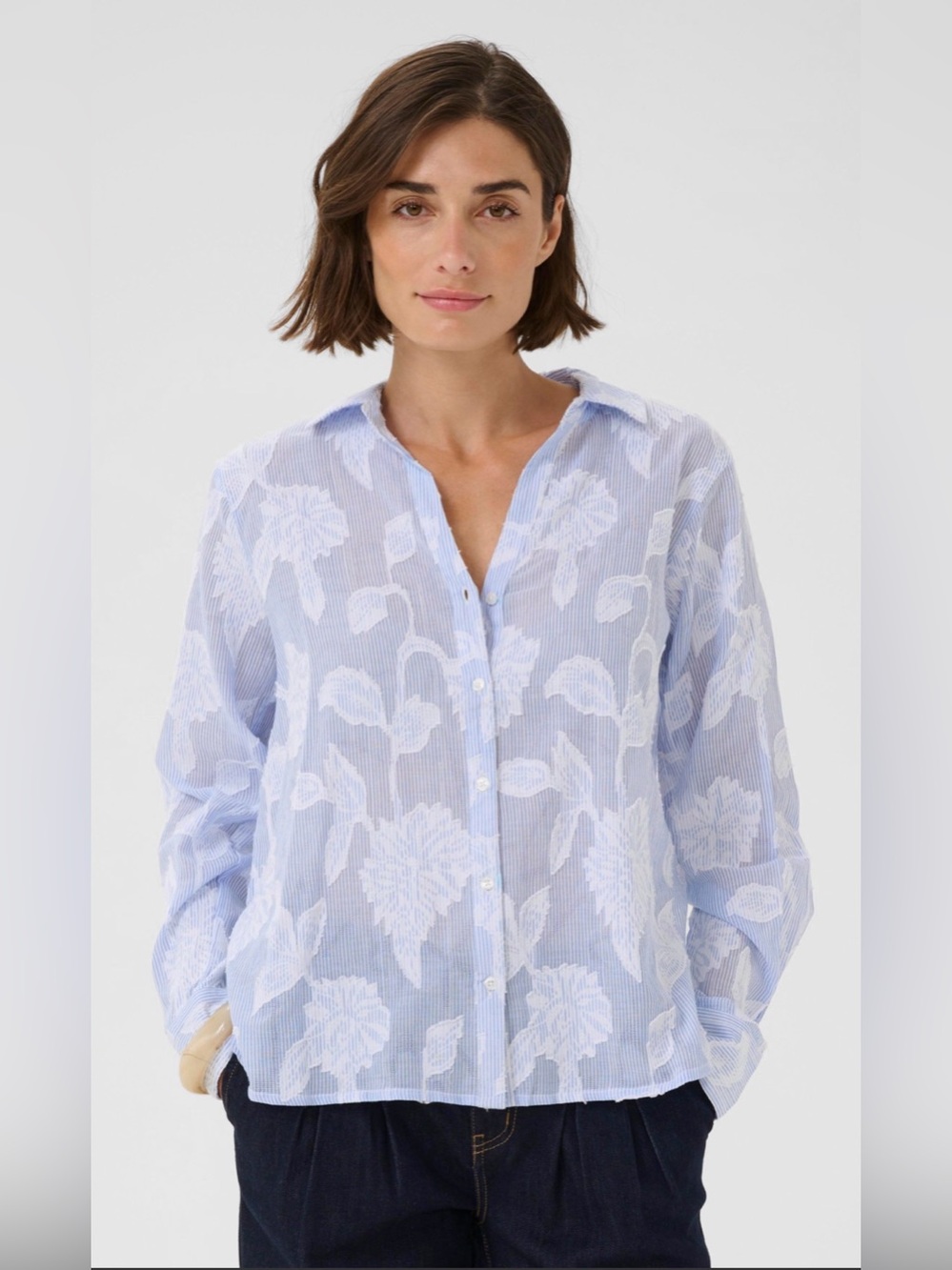 Magaschoni Light Blue and White Floral Stripe Button-Down Shirt - Picture 3 of 7